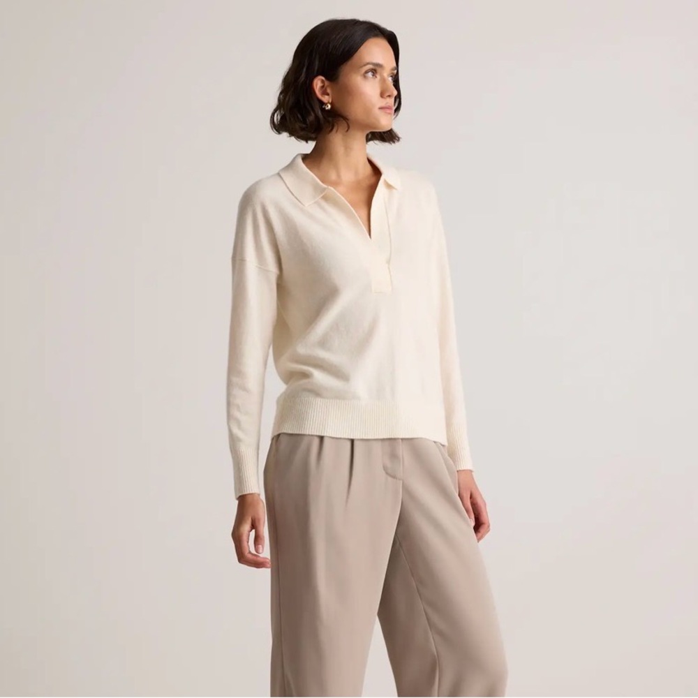 NEW NWT Quince Women's Mongolian Cashmere V-Neck Collared Ivory Cream Sweater - Picture 8 of 10